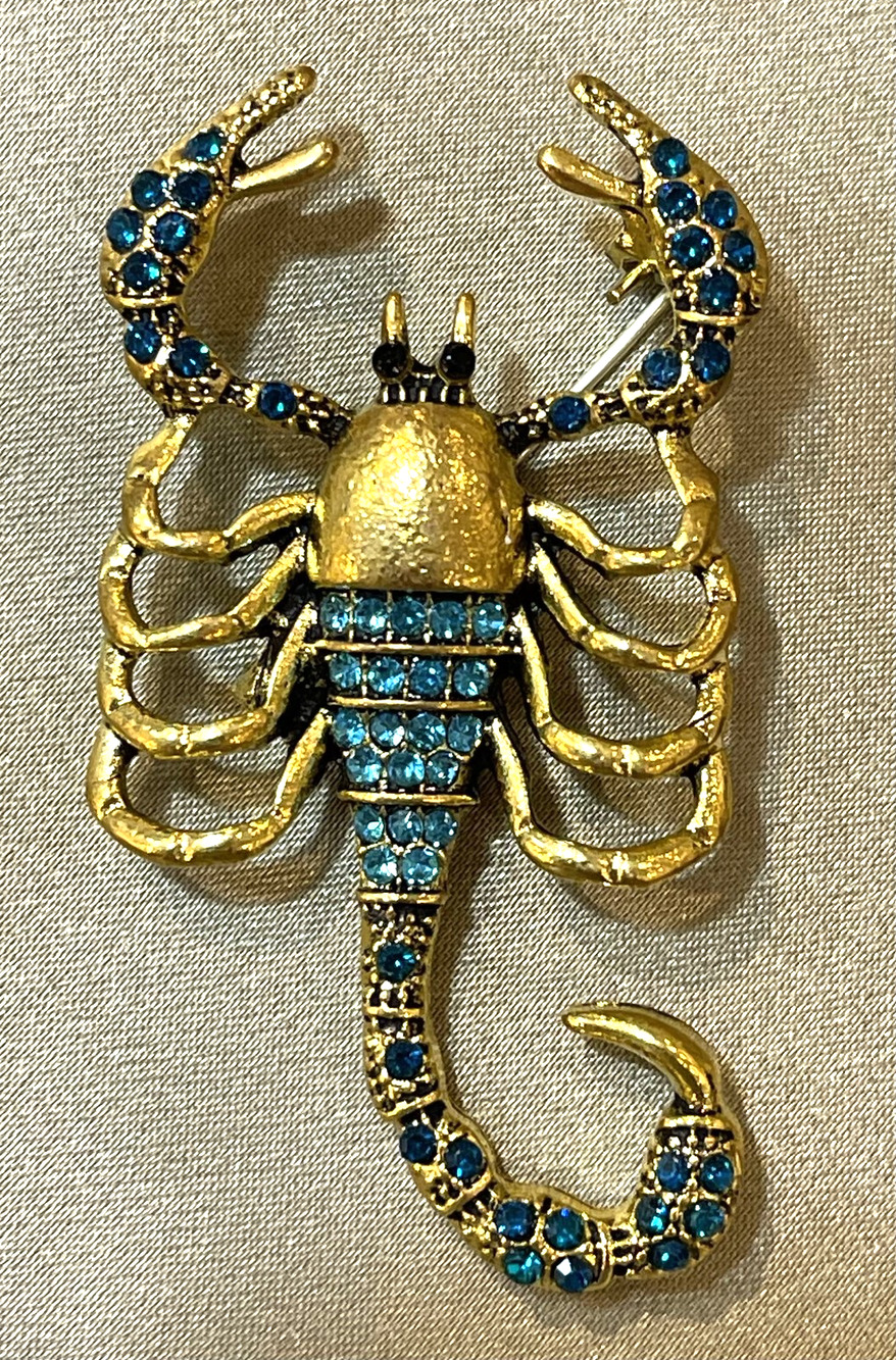 Blue Crystal Scorpion Lapel Pin Brooch Gold Toned Rhinestone Brass Toned Insect